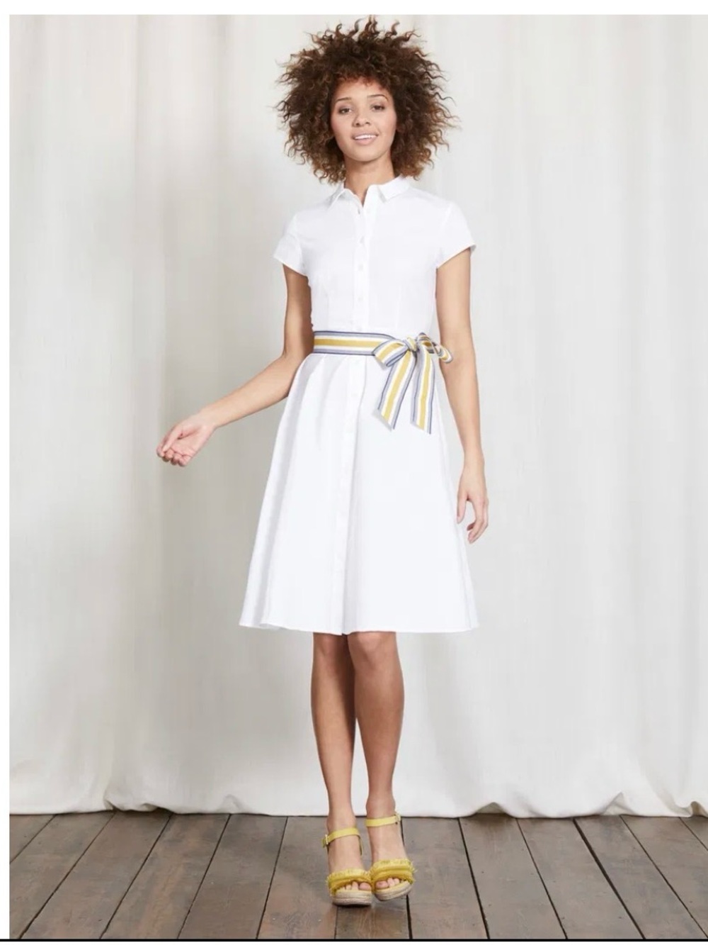 Boden Sophia shirt dress in white with blue and yellow sash